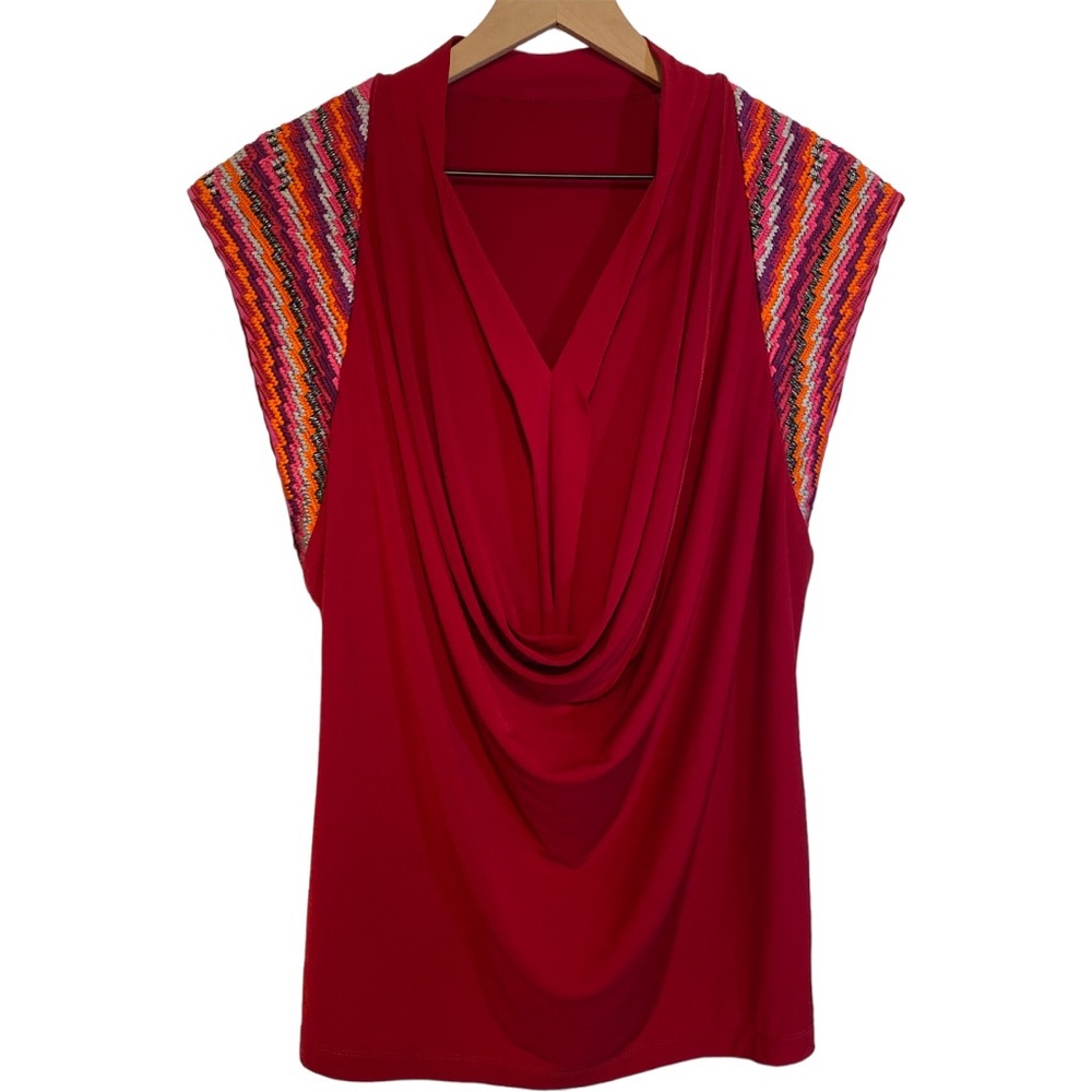 Embroidered Sleeve Top with Cowl Neckline Red‎ Wine Color Size S